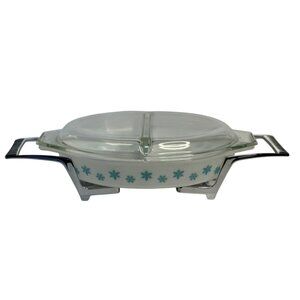 Vintage Pyrex Snowflake Oval Divided Casserole Dish | With Lid and Metal Carrier